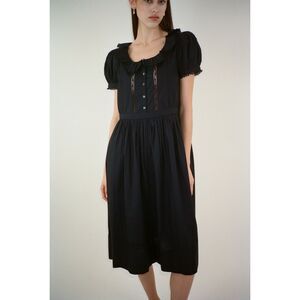 Sandy Liang Middy Midi Dress Floral Lace Ruffle Cotton Short Sleeve L NEW 282675